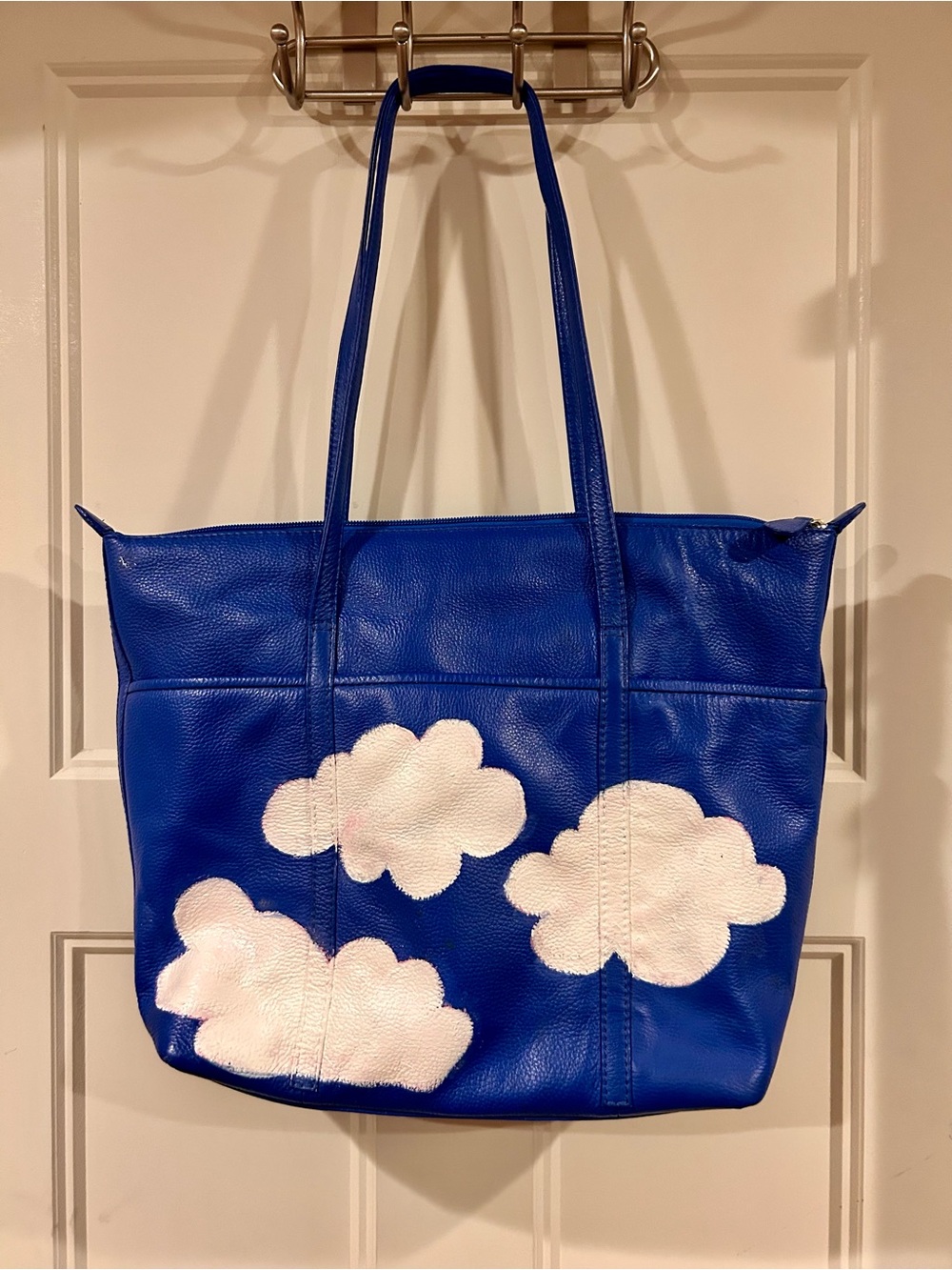 Bright Blue Leather Tote with Painted White Clouds